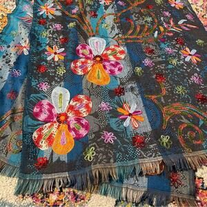 Anu 100% Wool Embroidered Floral Colorful Wrap Shawl Scarf Made in India 84x27”